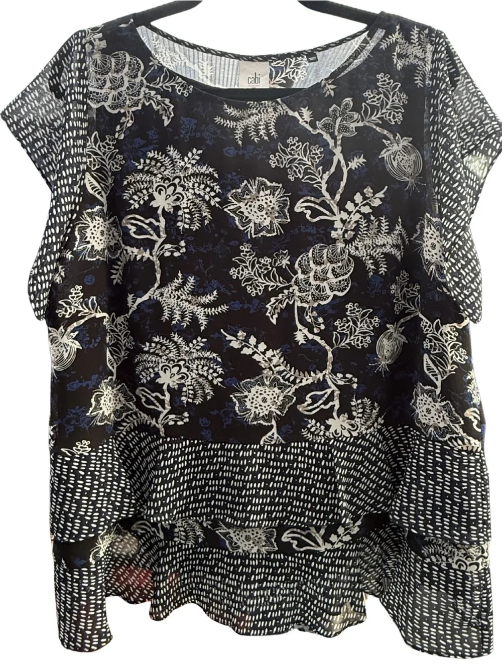 Cabi XL Navy Floral Ruffle Blouse Sheer Layered Top Boho - Picture 3 of 7